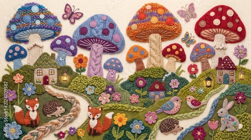 Handmade Knitted Magic Forest Landscape Flat Textile Art with Mushrooms, Animals, and Lanterns