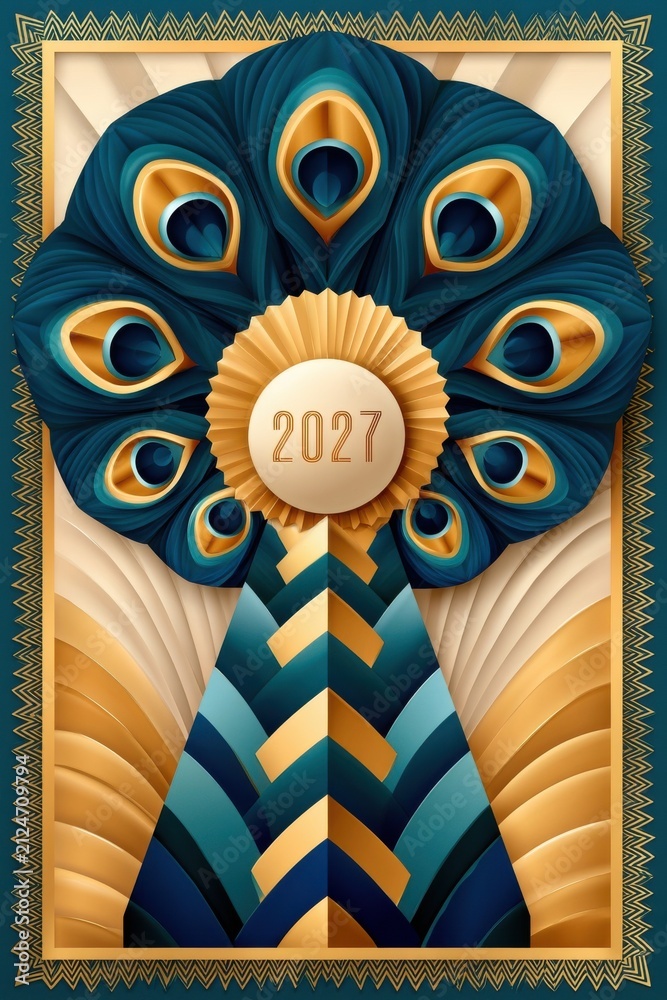 Obraz premium Art Deco New Year 2027 poster with peacock feathers and geometric patterns in teal and gold
