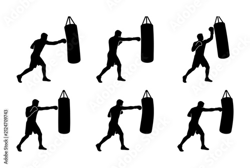 Boxing Silhouette Set, Punching Bag Training, Athlete Action Poses, Fitness Workout Vector Graphics