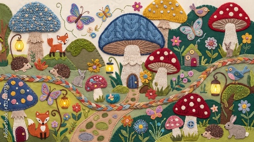 Handmade Knitted Magic Forest Landscape Flat Textile Art with Mushrooms, Animals, and Lanterns