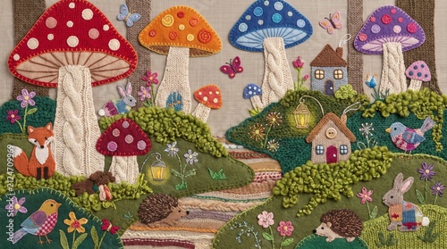Handmade Knitted Magic Forest Landscape Flat Textile Art with Mushrooms, Animals, and Lanterns