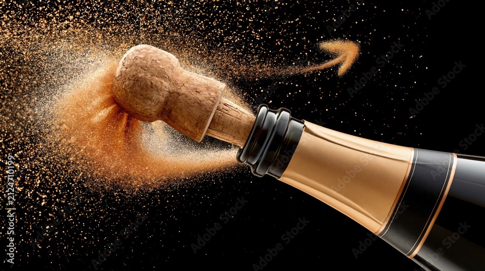 Obraz premium Champagne cork popping with golden spray against black background