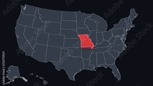 Missouri Highlighted Raised in 3D on US Election Map Red Fill, Black