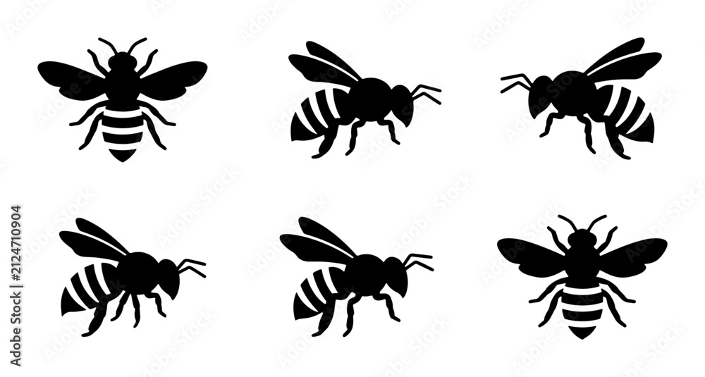 Fototapeta premium Six Black Bee Icons, Insect Vector Silhouettes, Flying Honeybee Graphics, Nature Elements
