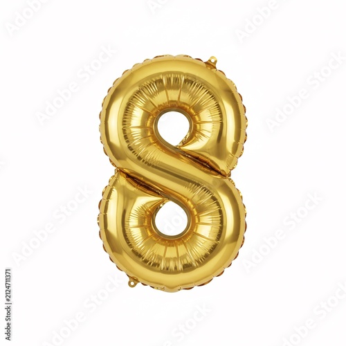 Golden number eight balloon for celebrations and events. Shiny metallic foil party decoration with reflective surface and festive appeal.
