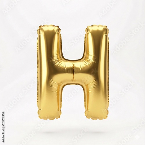 Golden foil letter H balloon floating in air. Shiny metallic alphabet character for celebrations and branding.