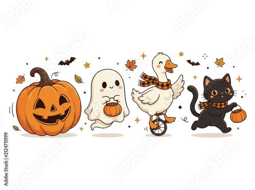 Cute halloween characters set with pumpkin and cat, halloween
