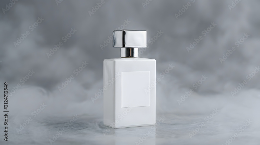 Naklejka premium Elegant blank white perfume bottle surrounded by atmospheric fog with fragrance