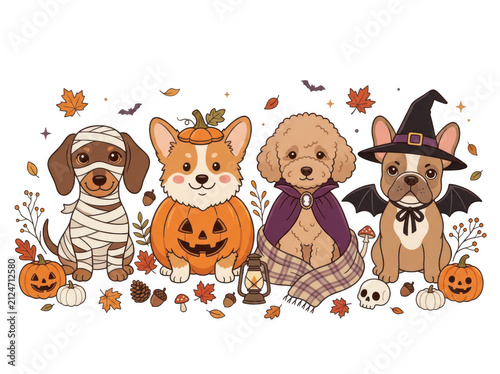 Group of cute puppies in halloween costumes with halloween, character