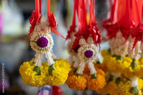 Photography Thai Jasmine and Marigold Garlands Hanging on Display, Surat Thani, Thailand