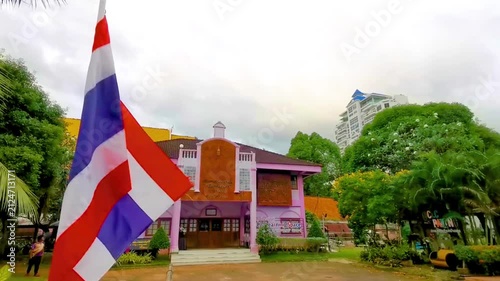 Thai school building entrance gate name sign courtyard Thailand.