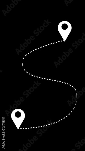 Vertical Animated Dashed Route with Start and Destination Map Pins. Curved GPS Navigation Path on Black Background for Digital Advertising, Online shops, Buying process, and Business Marketing. 