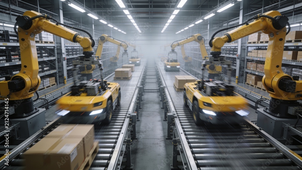 Fototapeta premium Automated yellow robotic arms and AGV transport vehicles working on conveyor belt assembly line in high-tech warehouse facility.