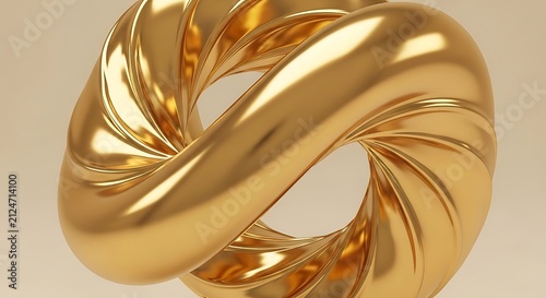Twisted golden torus knot sculpture with smooth reflective surface