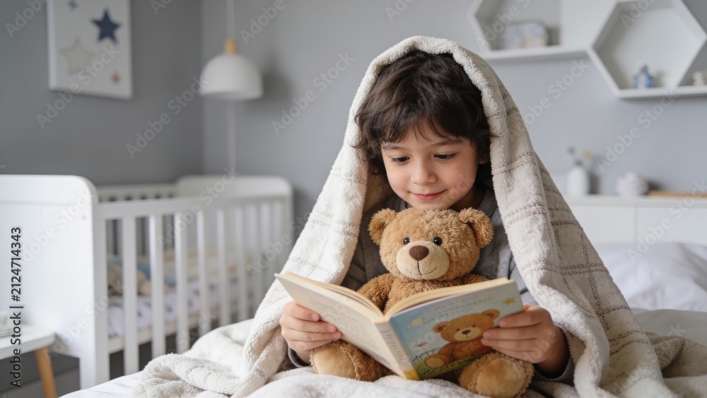 Fototapeta premium Little girl covered with blanket hugging teddy bear and reading book on bed in cozy kids room.