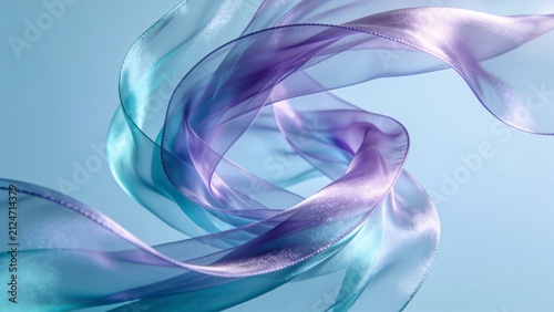 Abstract swirling wave of translucent silk fabric in gradient shades of cyan and purple against a light blue background.