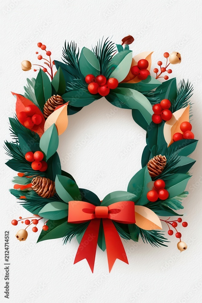 Obraz premium Watercolor Christmas wreath with red berries pinecones and bow