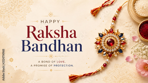 Happy Raksha Bandhan greeting card with traditional rakhi, festive sweets, gift box and decorative Indian celebration elements	
