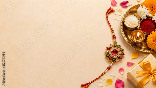 Raksha Bandhan background with traditional rakhi bracelet, festive puja thali, flower petals, gift box and elegant copy space	
