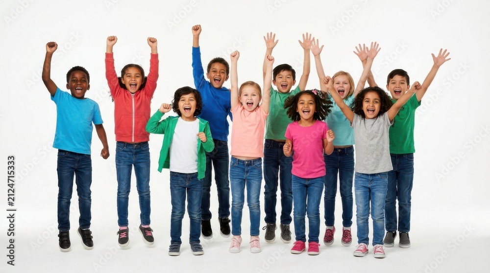 Fototapeta premium A group of children jumping with arms raised against a plain white background a cheerful photograph kids youth team leaping playful happy