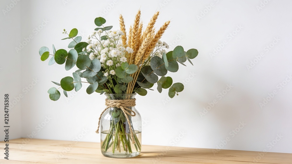 Obraz premium Rustic floral arrangement with eucalyptus branches, gypsophila, and golden wheat ears in a glass jar wrapped with twine on a wooden surface against a white background.