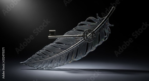 A single metallic feather quill pen on a dark background
