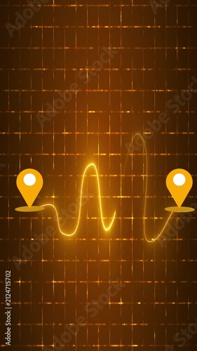 Vertical Animated Neon Journey Roadmap with Location Pins and Dotted Route on a grid background. Neon journey roadmap for Digital Advertising, Online shops, Buying process, and Business Marketing.