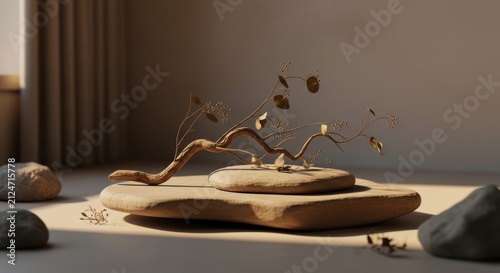 Minimalist zen stone podium with decorative branch for product presentation