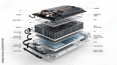 Exploded Electric Vehicle Battery Pack with Cooling Plate, Thermal Management Layers and Engineering Technical Cutaway Illustration