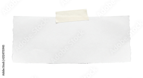 Blank white torn paper note banner taped with masking tape, isolated on white background for message, reminder and scrapbook design