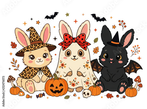 Cute cartoon halloween bunny characters with pumpkins and bats