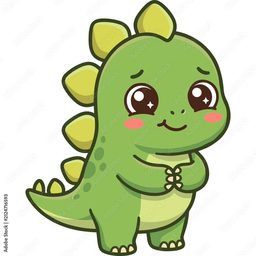 Fototapeta premium Cute green baby dinosaur cartoon character standing with shy expression vector illustration