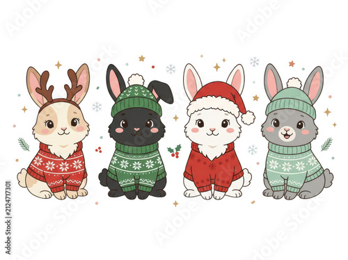 Four cute bunnies wearing festive winter sweaters and holiday hats