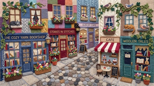 Handmade Knitted Street Scene Flat Textile Art with Cozy Bookshop, Cafe, and Cobblestone Pavement