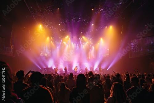 A packed venue enjoys a live performance, illuminated by colorful stage lighting