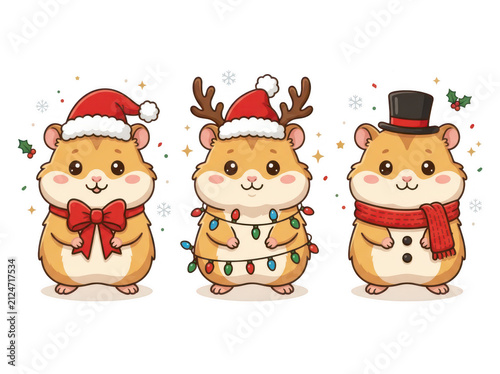 Three cute hamsters with christmas accessories and festive lights