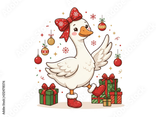 Adorable goose character with christmas presents