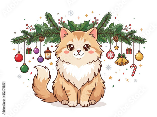Cute fluffy orange cat sitting under christmas decorations