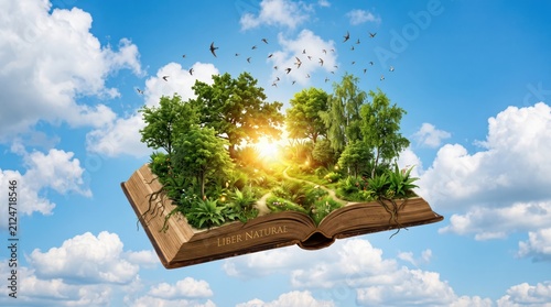Open book creating a magical forest landscape with trees and sunlight, fantasy nature, story of life and imagination, green ecosystem growing from pages against blue sky