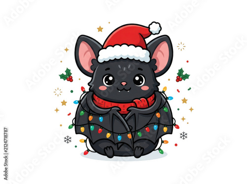 Little bat wearing santa hat wrapped in festive fairy lights