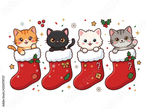 Four cute kittens in red christmas stockings illustration