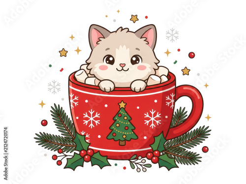 Cute little cat sitting in a red christmas holiday mug with christmas