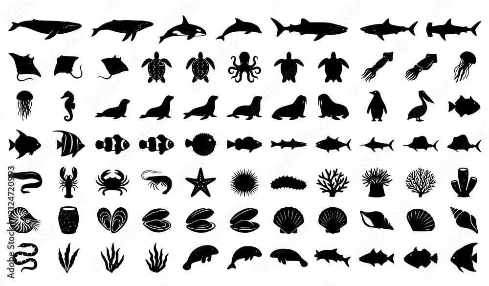 Fototapeta premium Minimal Marine Animal Silhouettes Vector Collection Black Sea Life Icons