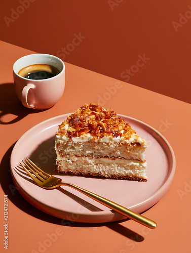 A round white cake on a pink ceramic plate, against an orange-brick background
