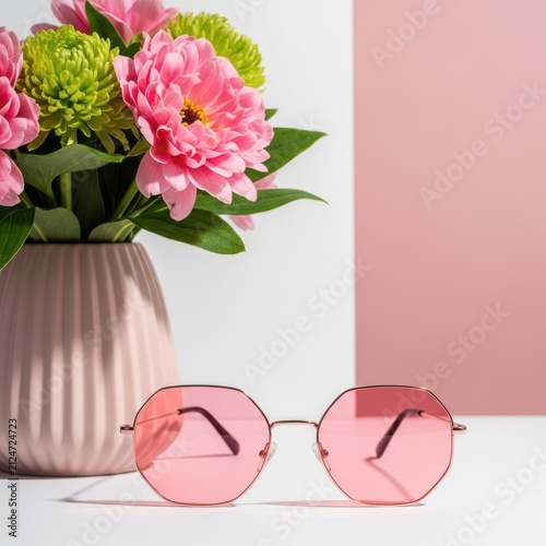 Pink sunglasses with a bouquet of fresh flowers on a table