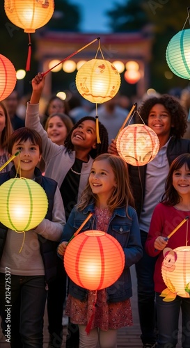 Happy children holding glowing paper lanterns during evening outdoor celebration