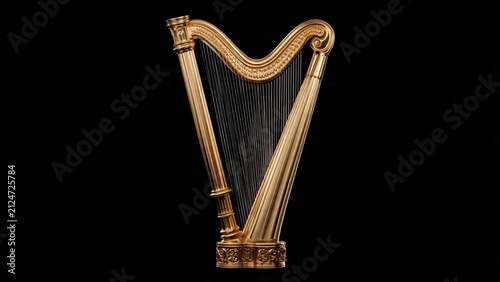 Elegant traditional orchestral harp crafted from polished gold wood isolated on black with instrument classical orchestra performance symphony