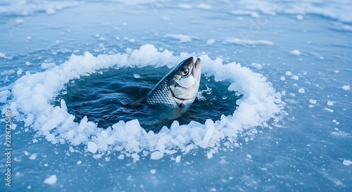 Large fish swimming under ice hole in frozen water