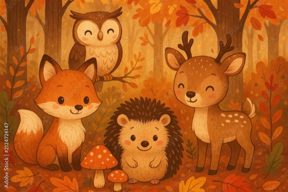 Fototapeta premium Cute woodland animals in autumn.
