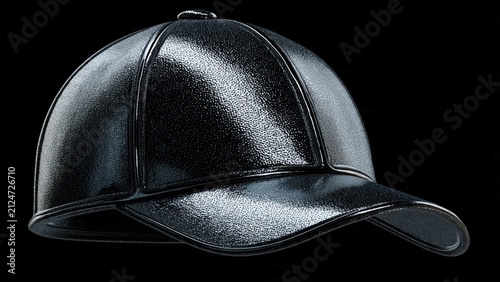 Black baseball cap isolated on solid black background with baseball headwear accessory clothing headgear isolated textured protection